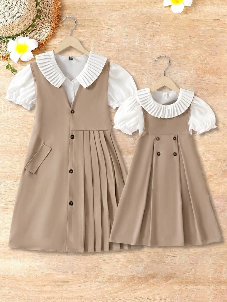 Women's Summer Casual Solid Color Puff Sleeve Shirt & Pleated Sleeveless Dress Two-Piece Set