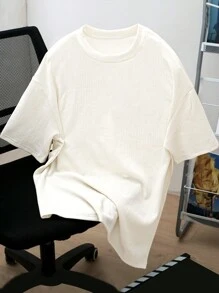 Manfinity Homme 男士夏季纯色纯色圆领短袖休闲 T 恤，男友礼物，适合外出 - 杏色 - 查看 4