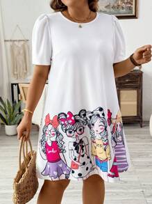 SHEIN LUNE Vestido suelto de talla grande para niñas con lindo estampado y manga abullonada con cuello redondo
