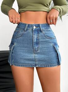 SHEIN PETITE 女士休閒牛仔A字裙，帶口袋，工裝風格 - 中等水洗藍 - 查看 6