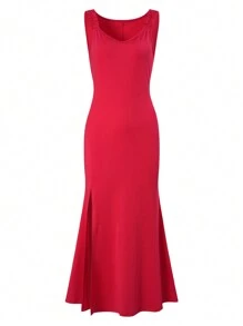 Zolique Vestido de moda para mujer con tirantes espagueti y dobladillo dividido de unicolor - Rojo - Ver 3