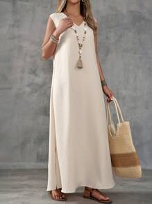 EMERY ROSE 卡其紋理面料V領無袖開叉女裝連衣裙 - 杏色 - 查看 5