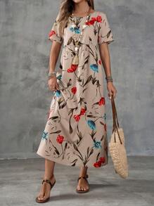 EMERY ROSE Women's Summer Long Dress With Short Sleeves And Large Floral Print.