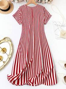 SHEIN LUNE 大码女式条纹印花短袖V领连衣裙，夏季爱心印花露肩休闲百搭短袖连衣裙，爱心连衣裙，纽扣连衣裙，夏季度假装扮，波点连衣裙，黑色连衣裙，休闲女装，情人节连衣裙 - 酒紅色 - 查看 2