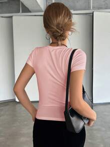 DAZY Women's Summer Solid Color Slim Fit Round Neck Hollow Out Short Sleeve T-Shirt - Baby Pink - View 2