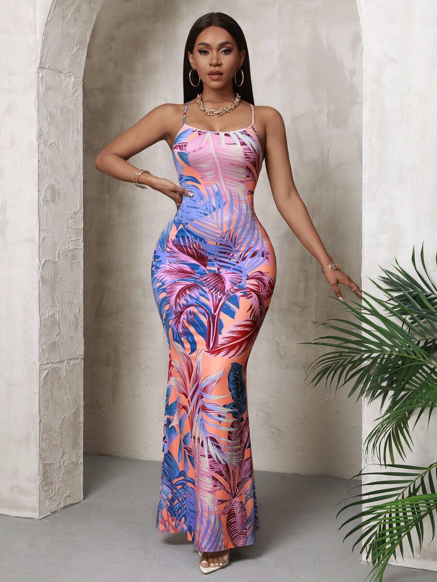 Slaydiva 休闲性感优雅女士无袖修身吊带连衣裙，植物印花，度假完美之选 - 紫色 - 查看 1