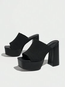Women's Chunky Heeled Peep Toe Mules With Knitted Black Strap, Breathable Summer Slip-On Waterproof Platform Sandals For Party