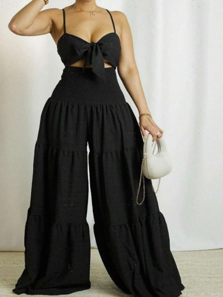 Vacation Leisure Plus Size Black Crop Top With Tie Straps And Wide-Leg Pants For Women