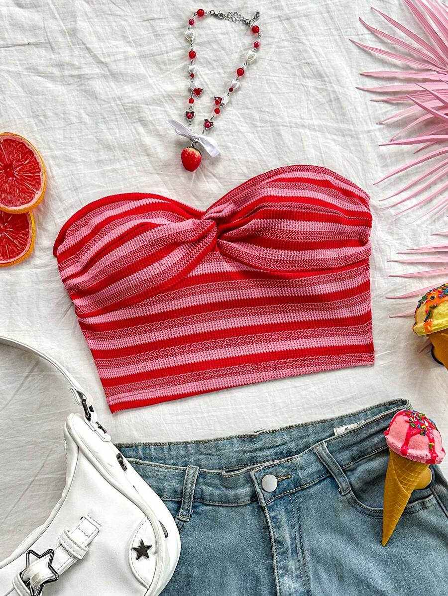 Soleia Ladies Striped Twist-Front Bandeau Top For Vacation - Multicolor - View 1