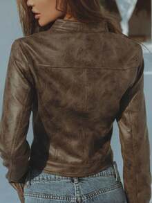 Apperloth A Y2K Street Maillard Cổ Đứng Dây Kéo Nút Bấm Da Lộn Áo Khoác Xe Máy Áo Crop Coat - màu nâu - Xem 3