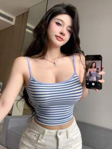 DAZY 女款條紋印花夏季細肩帶背心上衣 - 藍色 - 查看 7