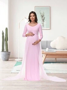 JustVH Robe longue de maternité à manches longues en maille, convenant pour les séances photo de bébé et les fêtes de baby shower, rose printemps - Rose bonbon - Voir 7