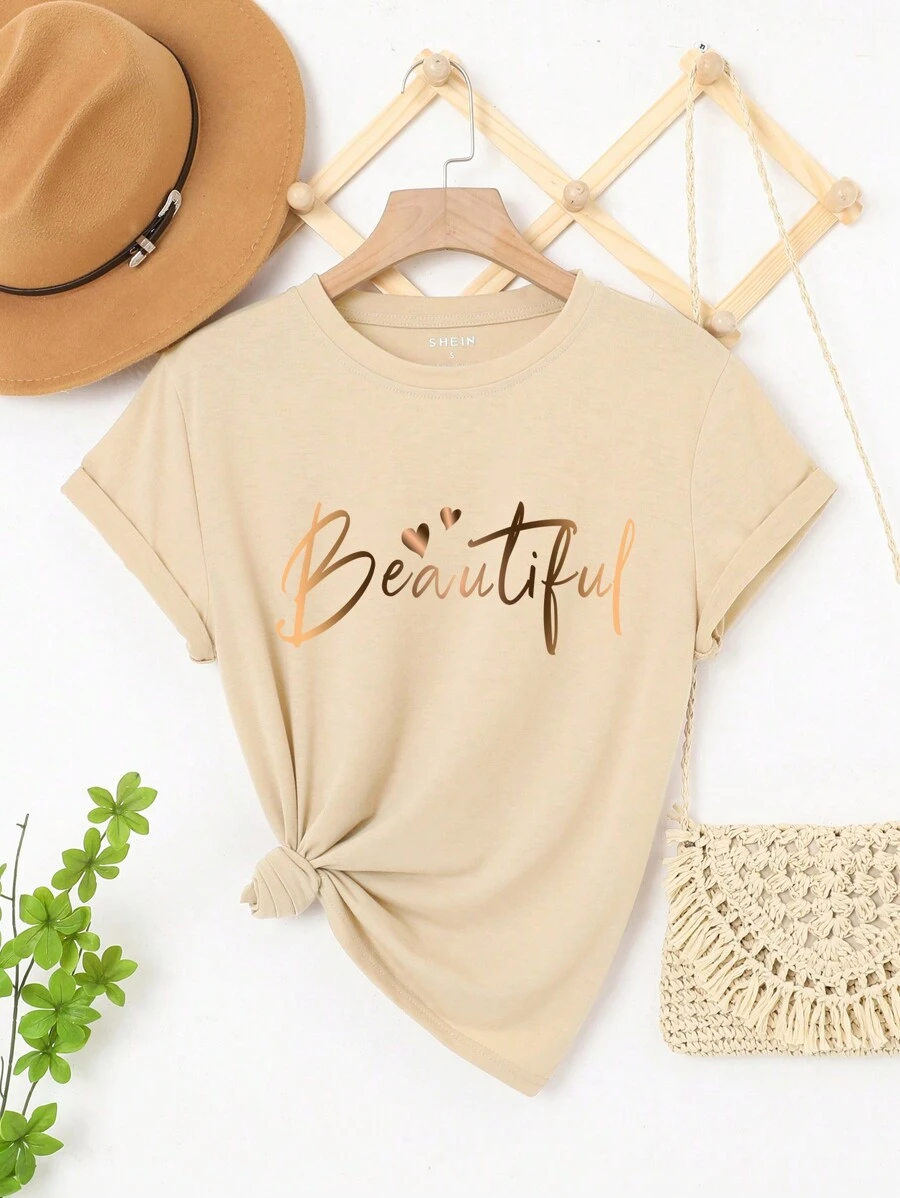 INAWLY 女士夏季心形与字母印花短袖休闲圆领 T 恤精美图案 T 恤女式上衣 - 杏色 - 查看 1