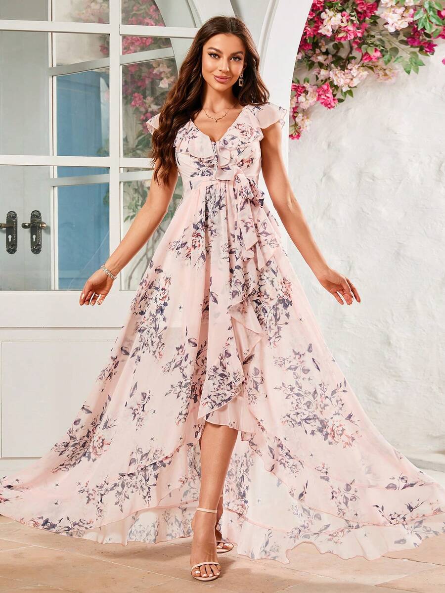 Women's Floral Print Ruffle Trim Asymmetrical Hem Party Dress - Pink - View 1