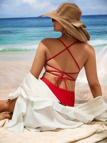 SHEIN Summer Beach Maternity Solid Color One-Piece Swimsuit, Maternity Bathing Suit - Red - View 2