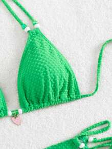 SHEIN Swim Solid Color Halter Neck Back-Tie Bikini Top With Side-Tie Triangle Bottom Set, Perfect For Beach And Pool Wear,Summer Beach - Green - View 3