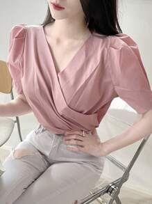 DAZY 女士夏季休閒純色泡泡袖包身襯衫 - 粉色 - 查看 4