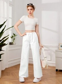 SHEIN Teen Girl Solid Color Elastic Waist Wide Leg Jeans With Pockets - White - View 4