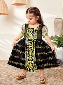 SHEIN Vestido largo de malla cómodo negro con patrón dorado para bebé niña de primavera y verano - Negro - Ver 3