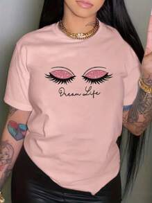 SHEIN 女士时尚宽松眼睛印花短袖 T 恤，带热转印图案，图形 T 恤，女式上衣