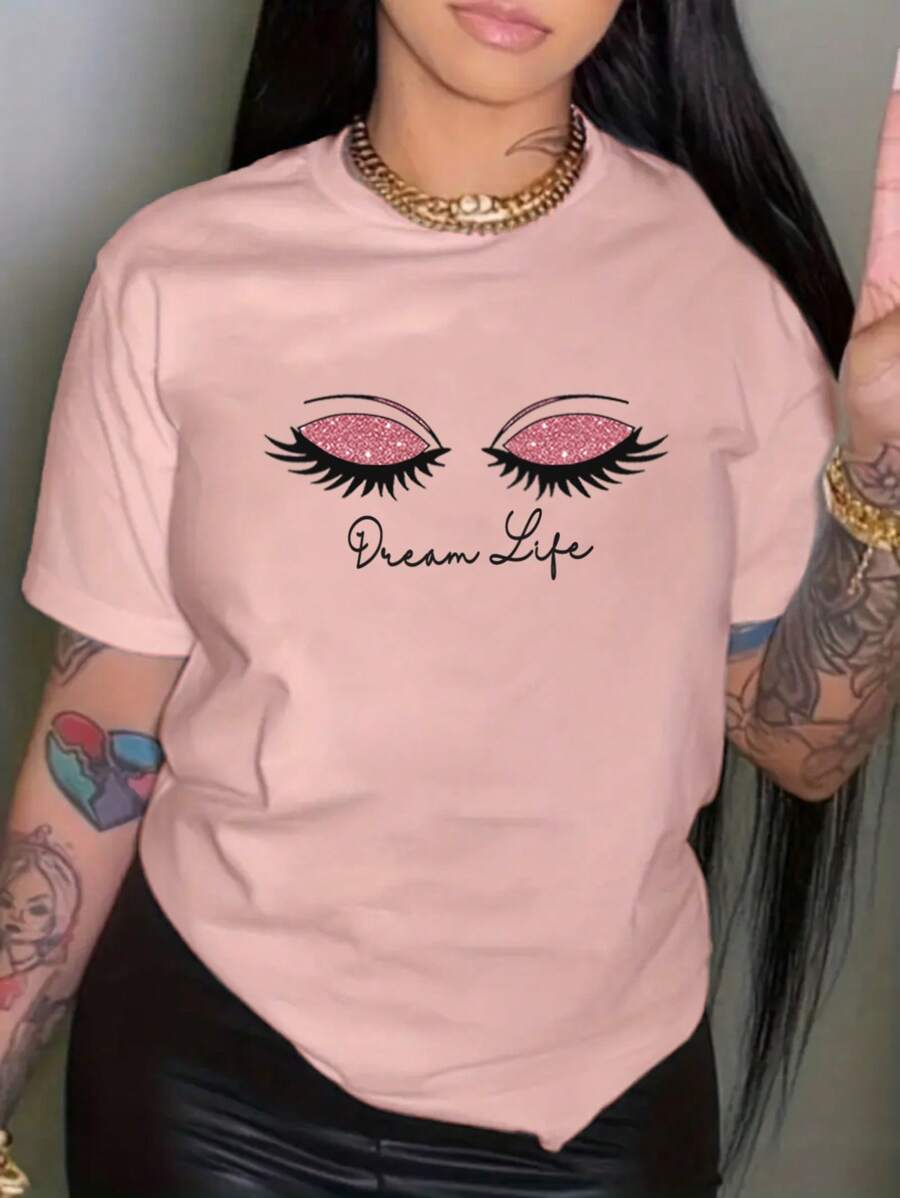 SHEIN 女士时尚宽松眼睛印花短袖 T 恤，带热转印图案，图形 T 恤，女式上衣