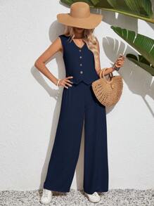 SHEIN Frenchy Conjunto de 2 piezas para vacaciones de verano con top de tirantes sin mangas de cuello en V y pantalones largos de unicolor