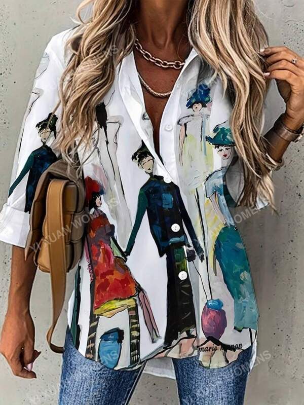 Casual Long Sleeve Shirt For Spring & Fall,Figure Print Single Button Lapel Collar Shirt, Women's Clothing,Long Sleeve Tops