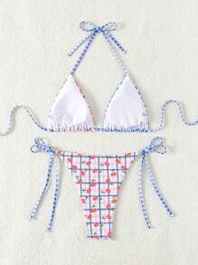 SHEIN Swim Damen Bikini Set mit kariertem Blumenmuster für Strandurlaub - Verschiedenfarbig - Übersicht 2