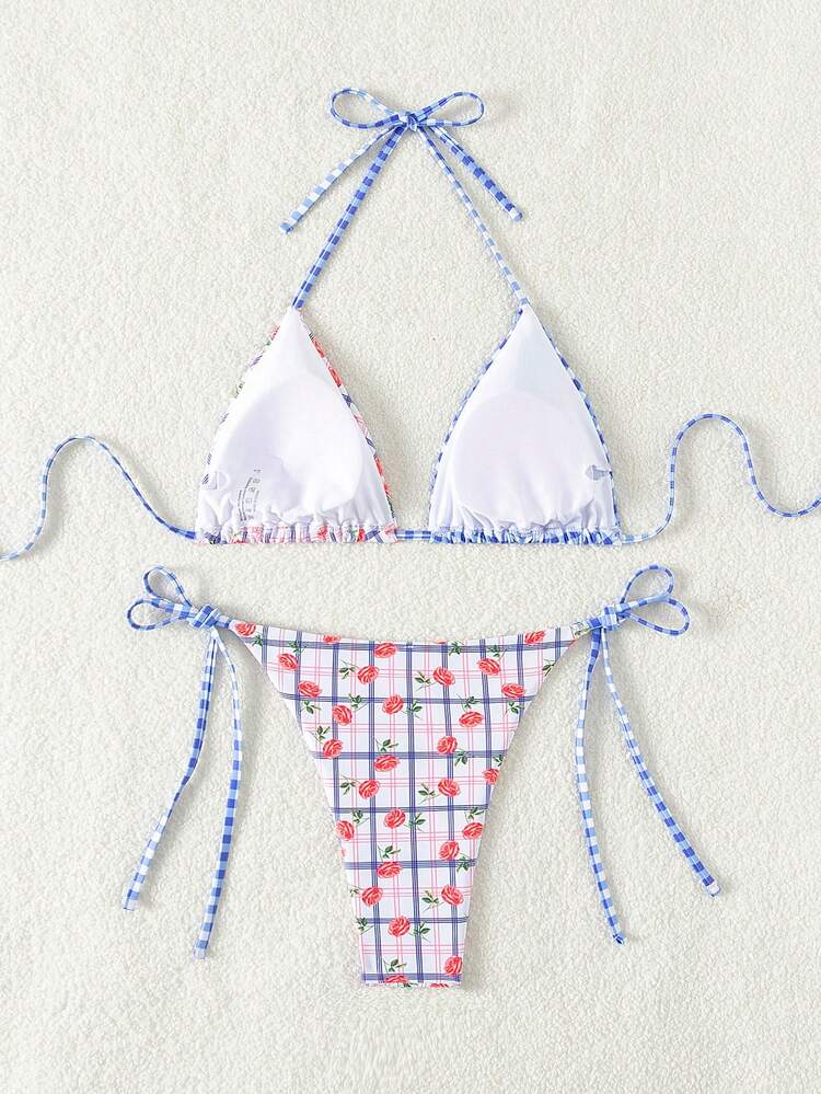 Women's Beach Vacation Checkered Floral Bikini Set,Summer Beach