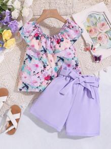 SHEIN Conjunto casual de blusa sin mangas con volante impresa con flores y pantalon corto de unicolor para niña preadolescente en vacaciones - Morado - Ver 4