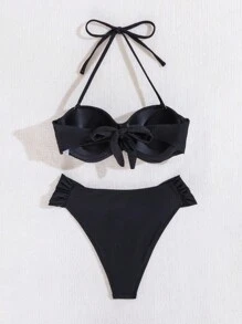 SHEIN Swim 女性夏季海灘時尚簡約露背頸鏈裝飾比基尼游泳裝套裝 - 黑色 - 查看 7