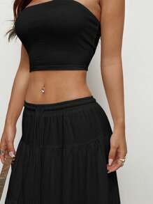 SHEIN EZwear 黑色提花婦女束腰上衣和貼身裙套裝 - 黑色 - 查看 6