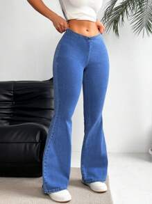 SHEIN EZwear 女士休閒修身喇叭牛仔褲 - 藍色 - 查看 3
