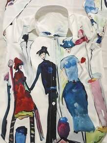 春秋季休闲长袖衬衫，图案印花单扣翻领衬衫，女士服装，长袖上衣