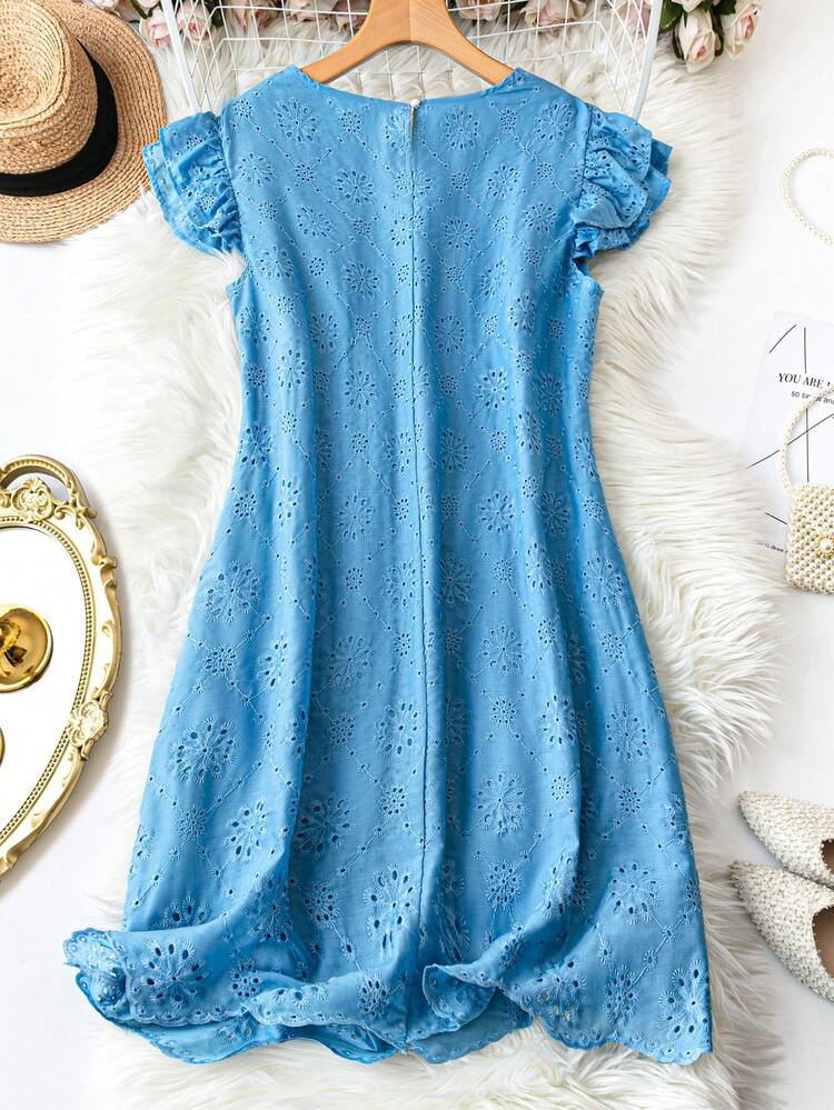 Plus Size Solid Color Round Neck Hollow Out Embroidery Sleeveless Dress For Summer