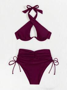 Swim Basics 2025 女士纯色交叉镂空吊带性感比基尼套装带钢圈支撑夏季 - 酒紅色 - 查看 4