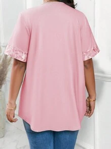 SHEIN LUNE 大码二合一花卉印花休闲短袖 T 恤夏季图案 T 恤女式上衣 - 粉色 - 查看 2