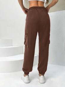 EURMUSE Solid Color Drawstring Waist Cargo Pants - Brown - View 2