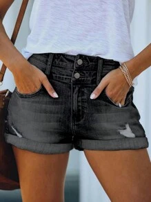 Women's Distressed Two-Button Roll Hem Casual Basic Denim Shorts - Black - View 4