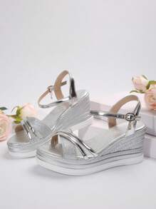 欧美风大码女式交叉趾露趾坡跟厚底闪亮绑带轻便凉鞋，夏季休闲穿着及海滩漫步的理想之选，旅行必备单品 - 銀色 - 查看 4