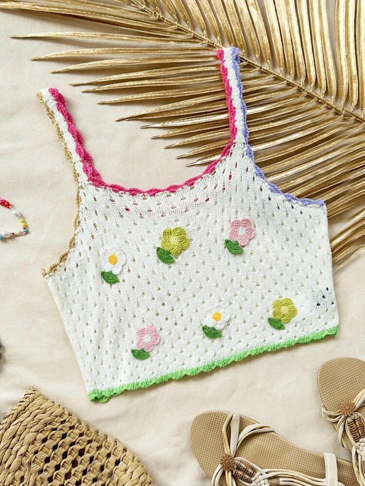 WYWH Women's Vacation Style Multicolored Edge, 3D Colorful Flower, Crochet Vest, Summer Tank Top