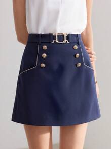MOTF PREMIUM FALDA DORADA SÓLIDA CON DETALLES DE BOTONES, TUBERÍA CONTRASTANTE Y CINTURA AJUSTADA - Azul - Ver 7