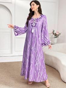 Al Najma Ladies' Geometric Printed Fringed Belted Dress With Long Sleeves, Elegant Arabian Style, Modest Full Length Jalabiya, Casual Long Sleeve Dress