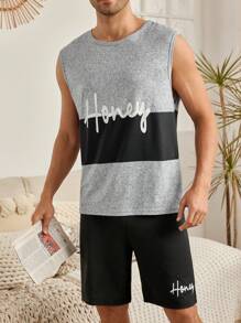 Round Neck Sleeveless Color-Block Letter Printed Top And Shorts Men's Pajama Set - Black - View 2