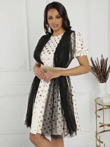 SHEIN Lady Women's White & Golden Dot Jacquard Fabric Contrast Mesh Bowknot Belted Summer Dress - Multicolor - View 4