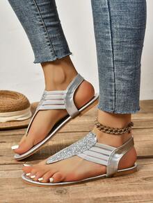 Sandalias planas de verano para mujer con decoración de pedrería, color plateado - Plateado - Ver 6