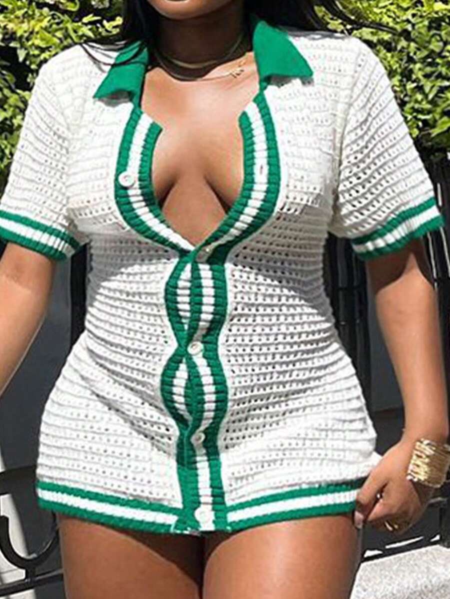 Slaydiva 女士大尺碼短袖襯衫式開衫，反差色配搭，編織空心材質，性感優雅，適合度假、日常穿著和夏季 - 白色 - 查看 1