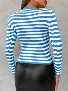 EURMUSE Women's Round Neck Stripe Pattern Ribbed Sweater - Baby Blue - View 2