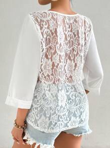 Breezaya Casual Lace Patchwork Sheer Shirt For Holidays - White - View 2