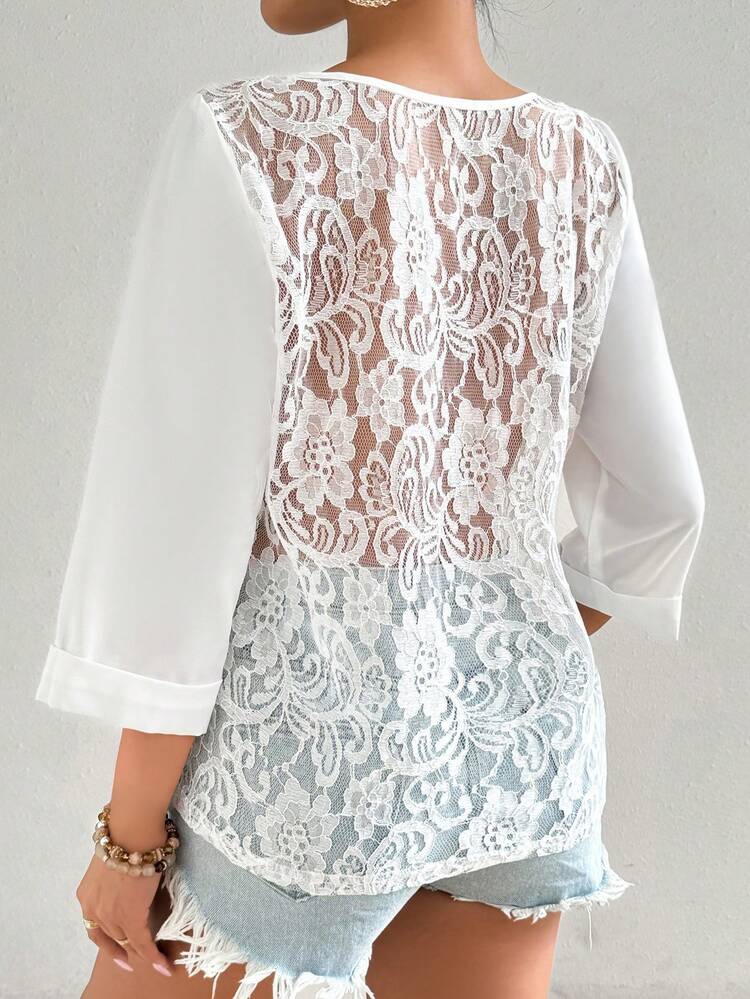 Casual Lace Patchwork Sheer Shirt For Holidays